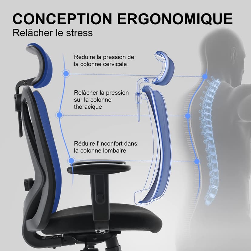 SIHOO Chaise de Bureau Ergonomique, Fauteuil de Pivotant en Maille Avoir Soutien Lombaire et Accoudoir Réglable, Capacité Maximal de 150 KG,Noir - 4