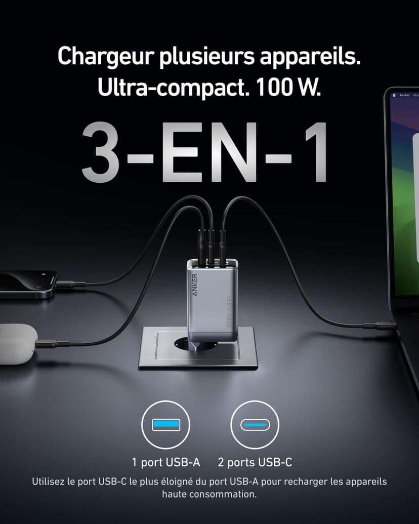Anker Prime USB C Charger 100W, 100W USB C Charger, Anker 3-Port GAN Foldable Compact Wall Charger, for MacBook, iPad, iPhone 16/15/14/13 Series, Galaxy S24/S23 and More - 2
