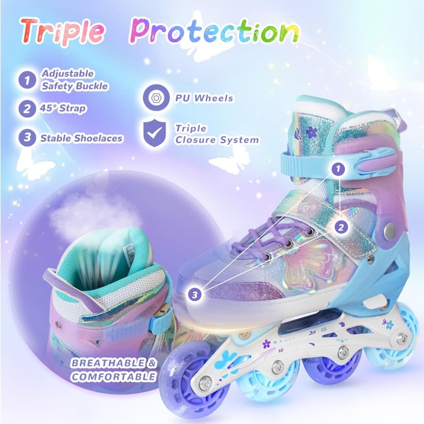 Patins à roues alignées papillon et fleur pour filles et garçons – Rose rouge pour adolescents de 7, 8, 9, 10 ans – Toutes roues lumineuses réglables pour sports d'intérieur et d'extérieur, cadeau - 3