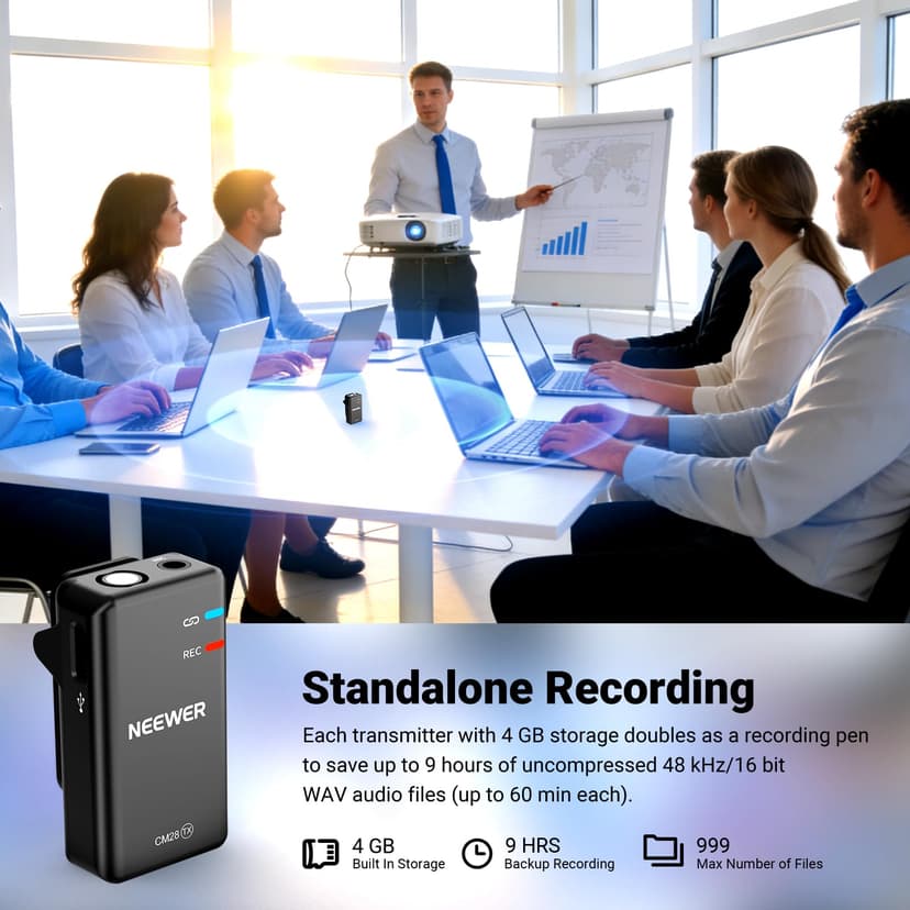 NEEWER CM28 (1 RX + 2 TX + Charging Case), Wireless Lavalier Microphone, Smart Noise Cancelling, 48KHz/16Bit 9 Hrs Uncompressed Recording, 656ft/200m Range, Lav Mic for iPhone, Android, Camera - 5