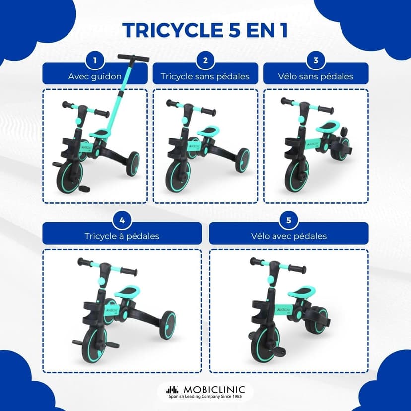 Mobiclinic®, 5-in-1 Tricycle, Balance bike, Chase, Evolutive, Ages 1-5, Adjustable Handlebar and Seat, Ultralight, Toddler bike, Easy Assembly, Puncture-Proof Wheels, Up to 25 kg, Bottle Holder (Blue) - 3