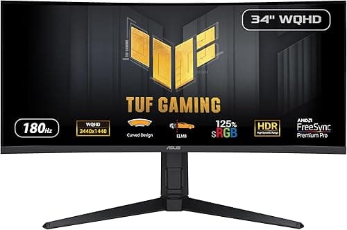 ASUS TUF Gaming VG34VQL3A Curved Monitor – 34 inch WQHD (3440 x 1440), 180Hz, 1500R, Curved design, Extreme Low Motion Blur, Freesync Premium Pro, 1ms (GTG), 125% sRGB, DisplayHDR 400