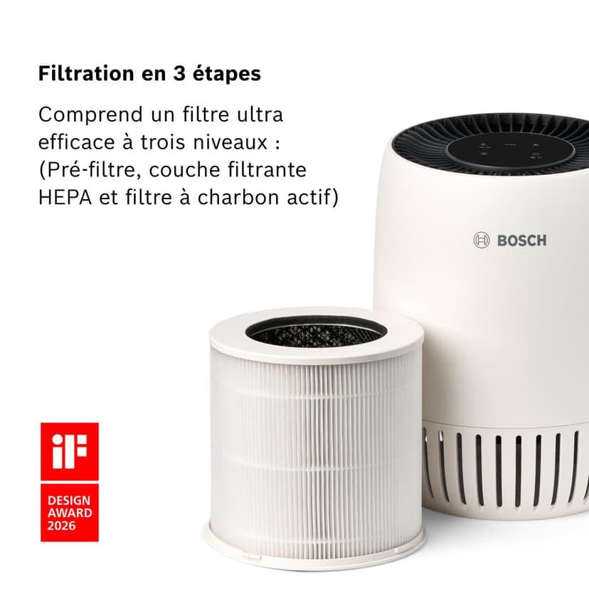 Bosch Air 1000 Purificateur d'air - Élimine les Polluants, Avec un Filtre à Air et un Mode Sommeil (< 25 dB(A)) - Pour jusqu'à 23 m² - Avec Mode Automatique - CADR : 100 m³/h - 5