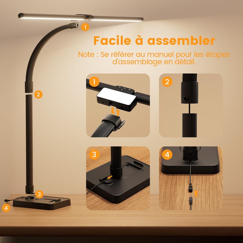 Double Head Desk Lamp LED Dimmable 24 W 80 cm Clampable Daylight Lamp Gooseneck Office Table Lamp Eye Protection Workplace Light Monitor Lamp Desktop Base with Mobile Phone Holder, Black - 6