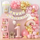 Toyssa 1st Birthday Decorations for Girls, Retro Pink Balloon Arch Kit with ONE Balloon Boxes Foil Balloons Happy Birthday Banner, First Girls Decoration Party Supplies for Kids - 1