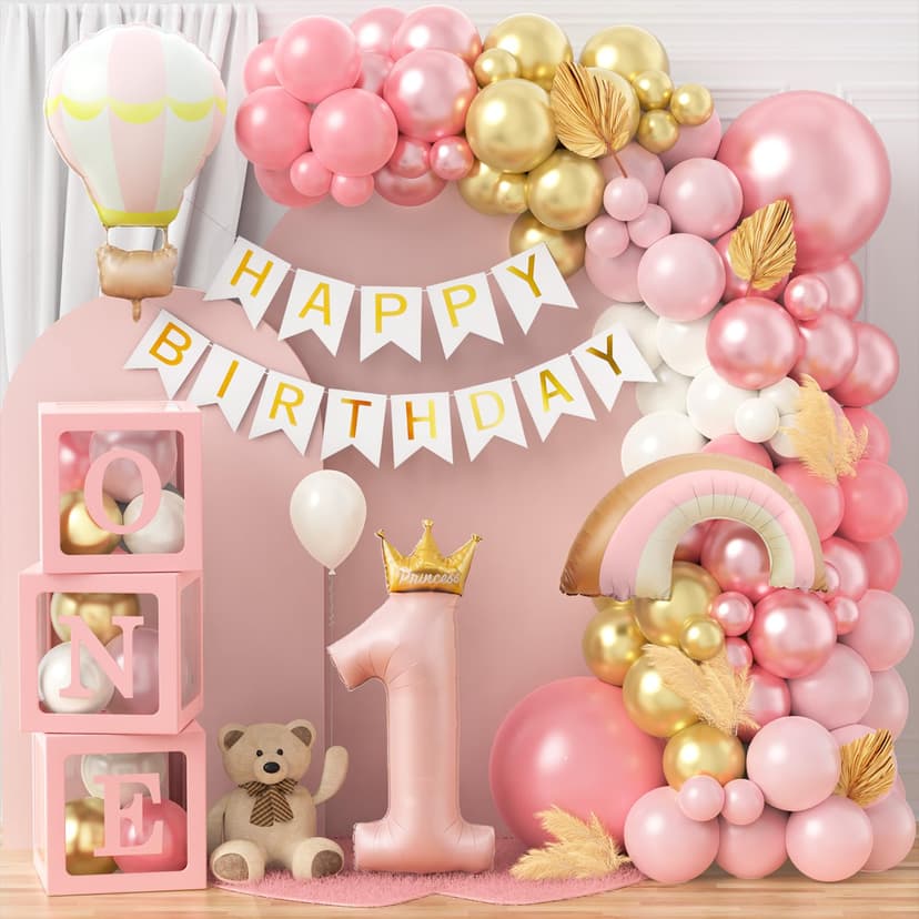 Toyssa 1st Birthday Decorations for Girls, Retro Pink Balloon Arch Kit with ONE Balloon Boxes Foil Balloons Happy Birthday Banner, First Girls Decoration Party Supplies for Kids - 1
