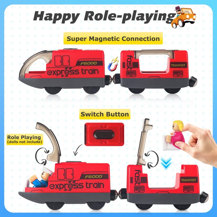 Electric Remote Trains Toy for Wooden Track, Remote Control & Motorized Train with 4 Sound and Light Effects for Kids 3 4 5+ Years Old Boys Girls, Compatible with Thomas,Brio,Chuggington-Red - 3