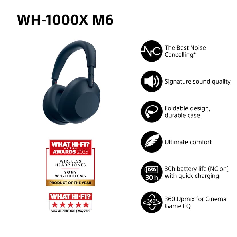 SONY WH-1000XM6 Flagship Noise Cancelling Over-Ear Wireless Bluetooth Headphones, Signature Hi-Res Sound, Comfort, Foldable Design, Durable Case, 30 HR Battery NC On, iOS & Android – Midnight Blue - 2