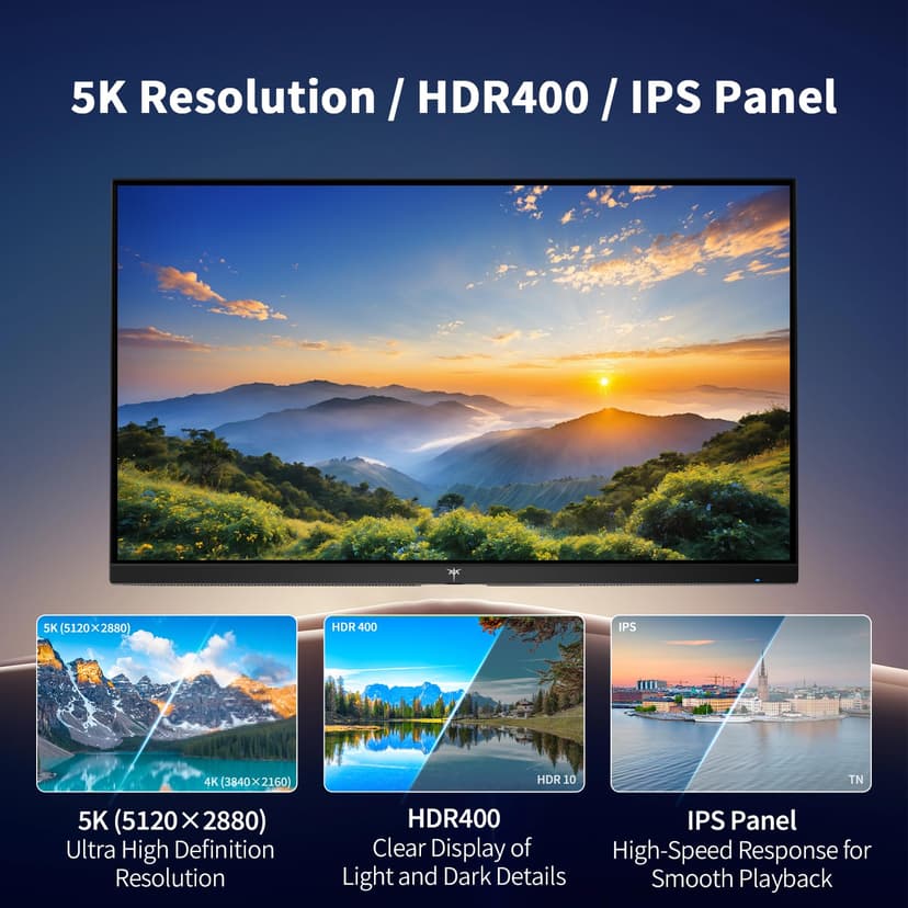 KTC 5K Monitor 27 Inch | Dual Mode 5K (5120x2880) @60Hz / 2K@120Hz Seamless Switching | | 99% DCI-P3, 100% sRGB, ΔE＜2 | 1 x Full Function USB C, 2 x USB A 3.0 | HDR400 | Compatible with Mac Mini - 3