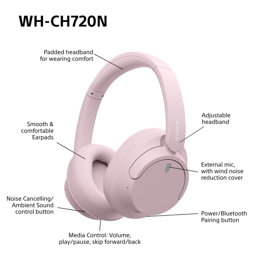 Sony WH-CH720N Wireless Bluetooth Noise Cancelling Over-Ear Headphones, Sound, Ambient Sound Mode, Lightweight Design, up to 50 hr battery life, iOS & Android - Pink - 8