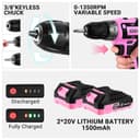 DEKOPRO Cordless Drill 20 V Pink Electric Screwdriver - Pink Screwdriver for Women - Complete Kit with 2 x 1.5Ah Batteries and Charger - 3