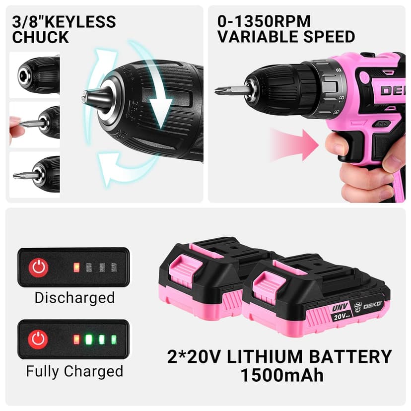 DEKOPRO Cordless Drill 20 V Pink Electric Screwdriver - Pink Screwdriver for Women - Complete Kit with 2 x 1.5Ah Batteries and Charger - 3