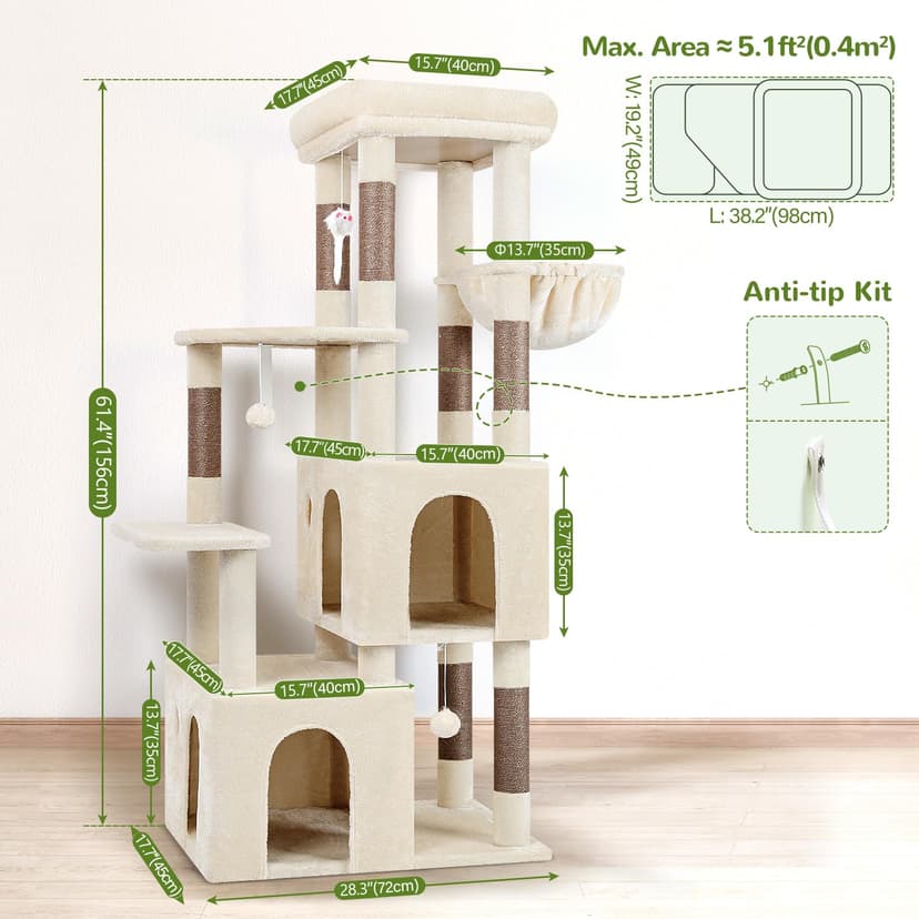 Globlazer Beige Scratching Post for Adult Cats Stable with Large Base 72 x 45 cm, 2 Cave, Padded Platform, Basket, Scratching Post 156 cm High for Cat Resting Play Indoor (F61, Beige) - 7
