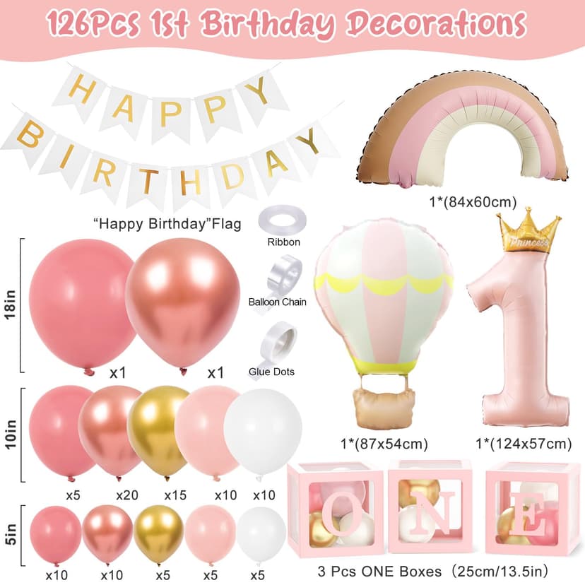 Toyssa 1st Birthday Decorations for Girls, Retro Pink Balloon Arch Kit with ONE Balloon Boxes Foil Balloons Happy Birthday Banner, First Girls Decoration Party Supplies for Kids - 2