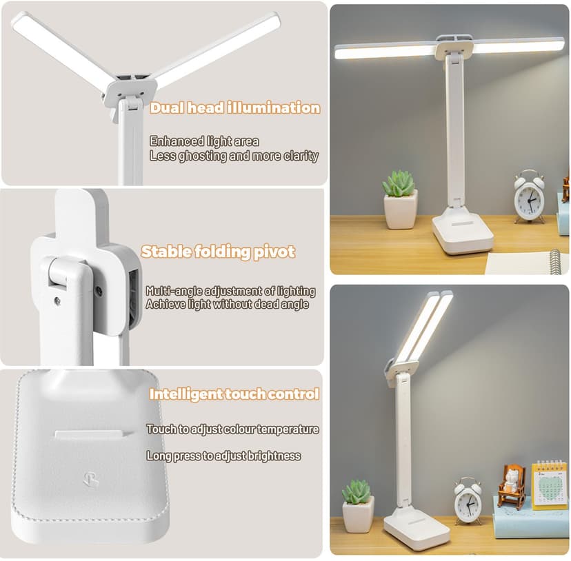 40CM Double Head LED Desk Lamp, 4000mAh Lamp, 3 Dimmable Color Modes, USB Charging Port, Eye Protection Folding Table Lamp for Office Lighting, Reading, Drawing - 7