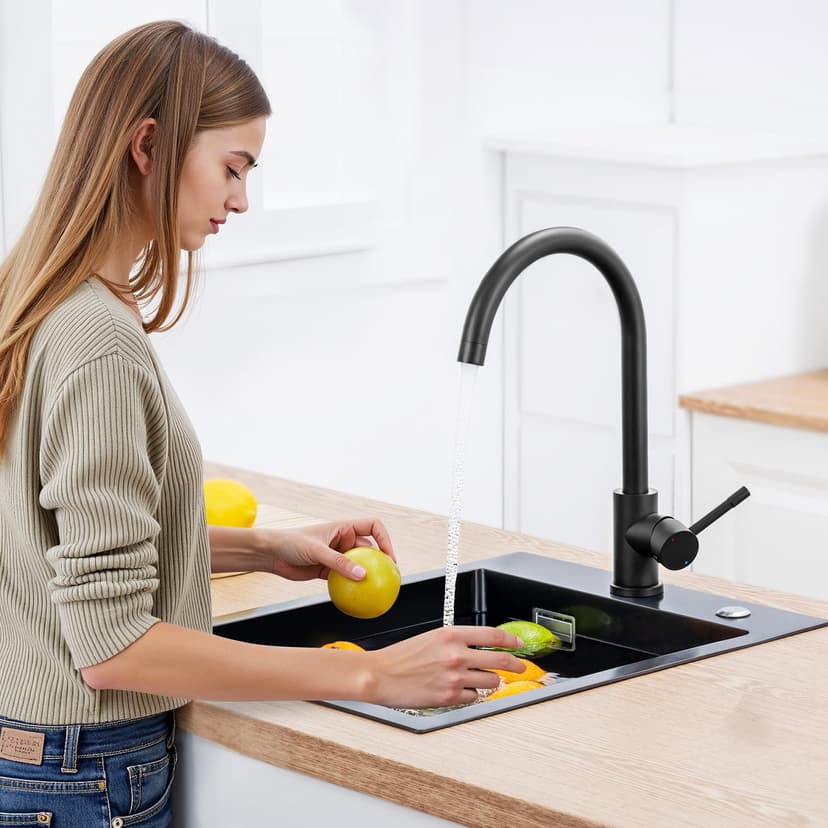 CECIPA Faucet kitchen black 360° rotatable, high pressure kitchen faucet black, mixer tap kitchen with high arc, single lever tap, sink fitting stainless steel, G3/8 connection fixture - 2