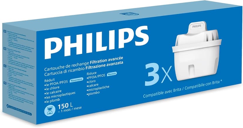 Philips Water Cartouches filtrantes de rechange Filtration avancée, paquet de 3, réduisent les MICROPLASTIQUES, le CHLORE, le CALCAIRE, les MÉTAUX LOURDS, Compatible avec Brita* - 1