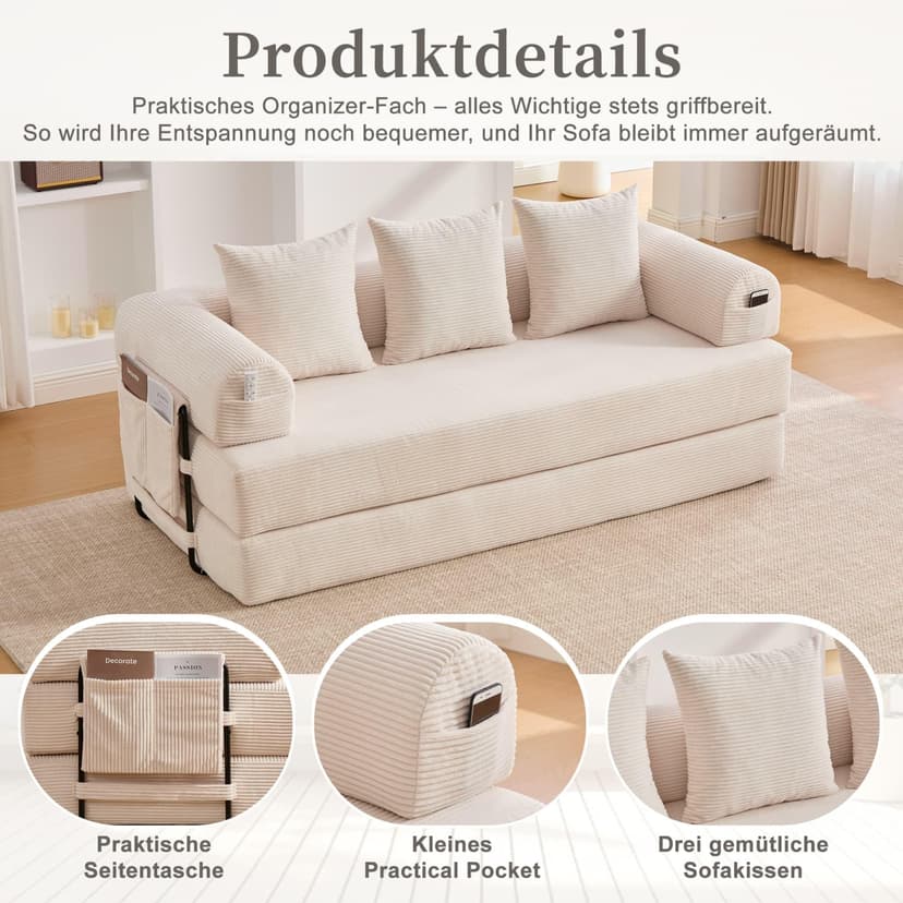 2 Seater Corduroy Sofa Bed, Multifunctional Modern Convertible Sofa, Side Pockets and 3 Cushions, DIY Free, for Living Room, Bedroom, Office (Beige-L) - 8
