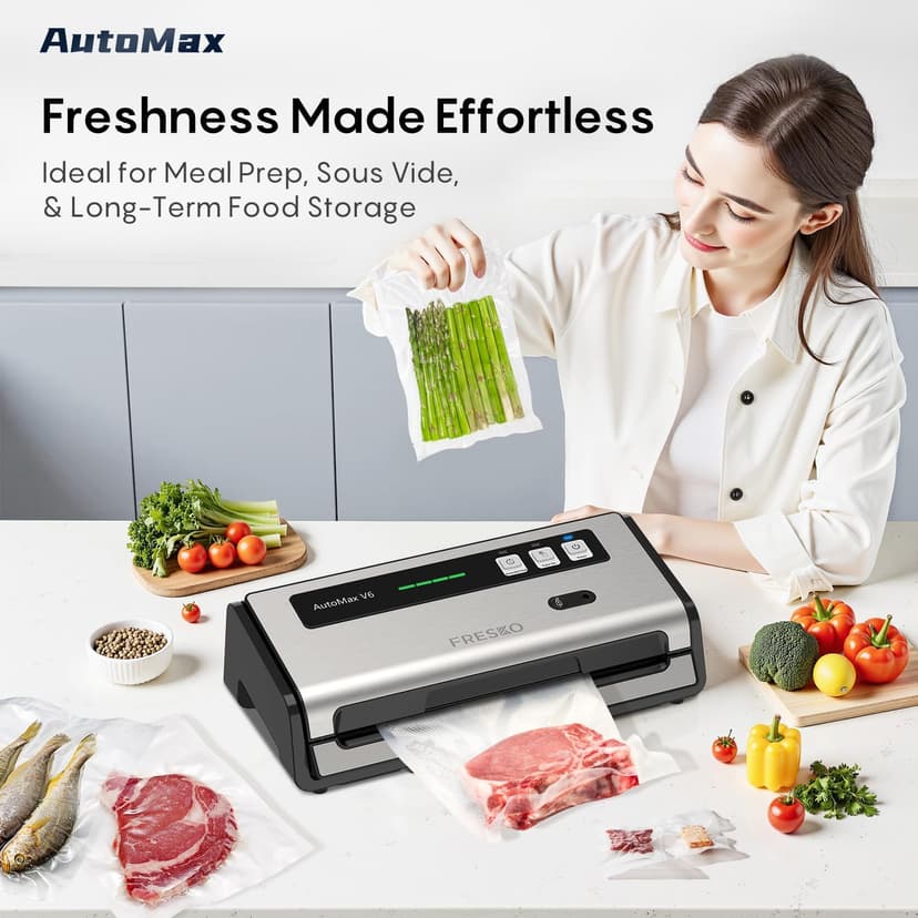 FRESKO Automatic Vacuum Sealer Machine, 140 Watt Food Vacuum Sealer with Double Heat Seal, Built-in Cutter & Bag Storage, Includes 10 pcs Pre-cut Bags and 1 Roll Bag(V6) - 8