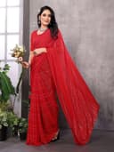ETHNICMODE Indian Soft Satin Light Weight Party Wear Red Sari With Unstitched Red Blouse Piece-1110 - 3