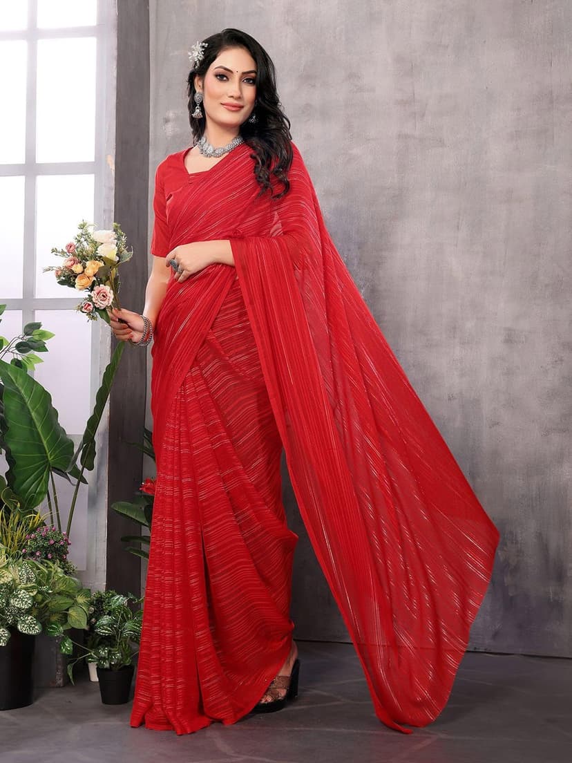 ETHNICMODE Indian Soft Satin Light Weight Party Wear Red Sari With Unstitched Red Blouse Piece-1110 - 3
