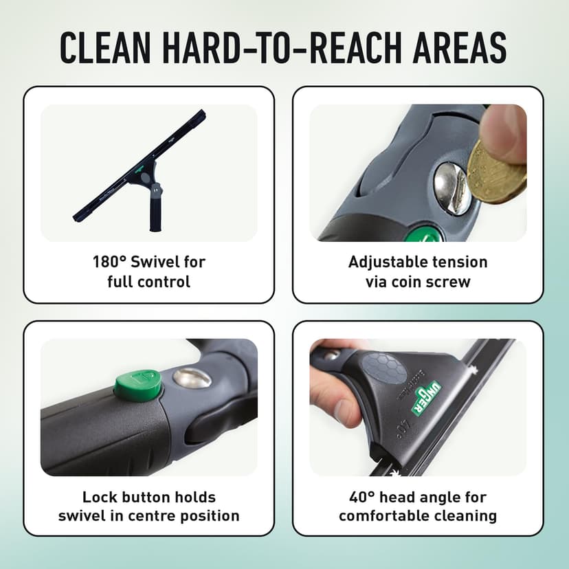 Unger ErgoTec NINJA Window Squeegee 45cm – 40° Aluminium Channel, Soft Rubber Blade & Ergonomic Handle – Professional Window Cleaning Equipment, Black - 6