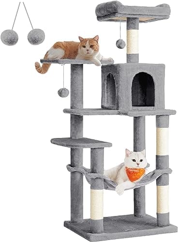 Feandrea Cat Tree Tower, 143 cm Multi-Level Plush Cat Condo with 4 Scratching Posts, 2 Perches, Cave, Hammock, Pompoms, Light Grey PCT161W01