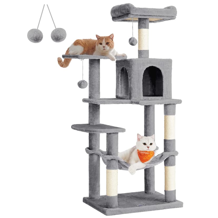 Feandrea Cat Tree Tower, 143 cm Multi-Level Plush Cat Condo with 4 Scratching Posts, 2 Perches, Cave, Hammock, Pompoms, Light Grey PCT161W01 - 1