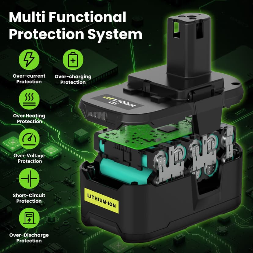 2 x 5.0 Ah replacement battery for Ryobi 18 V RB18L50 battery replacement battery for Ryobi 18 V battery RB18L15 RC18120 RB18L40 RB18L50 with LED indicator - 5