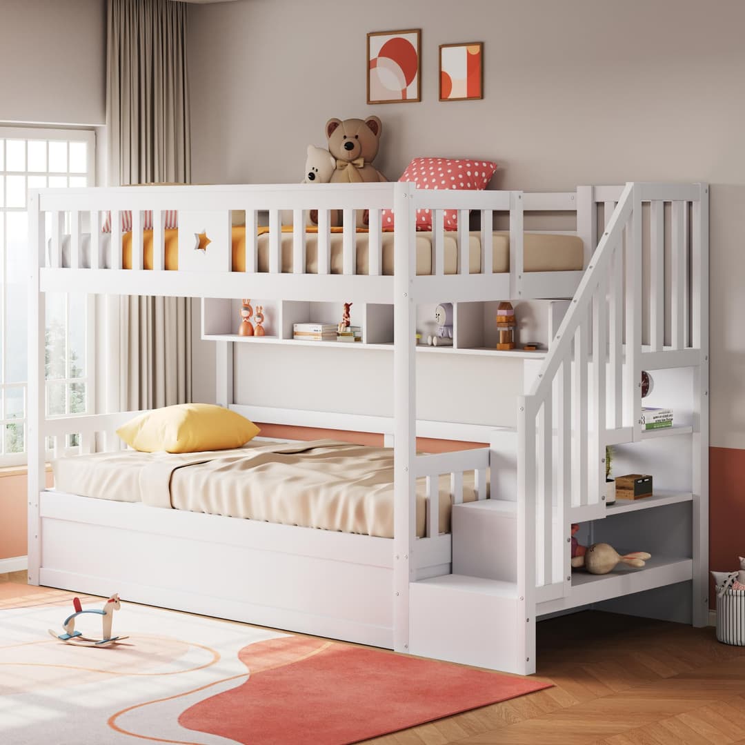 GigaXynium Lit en bois, 90 x 200 cm, hydraulique, escalier de rangement, étagères, lit mezzanine, lit superposé, lit adolescent (blanc)