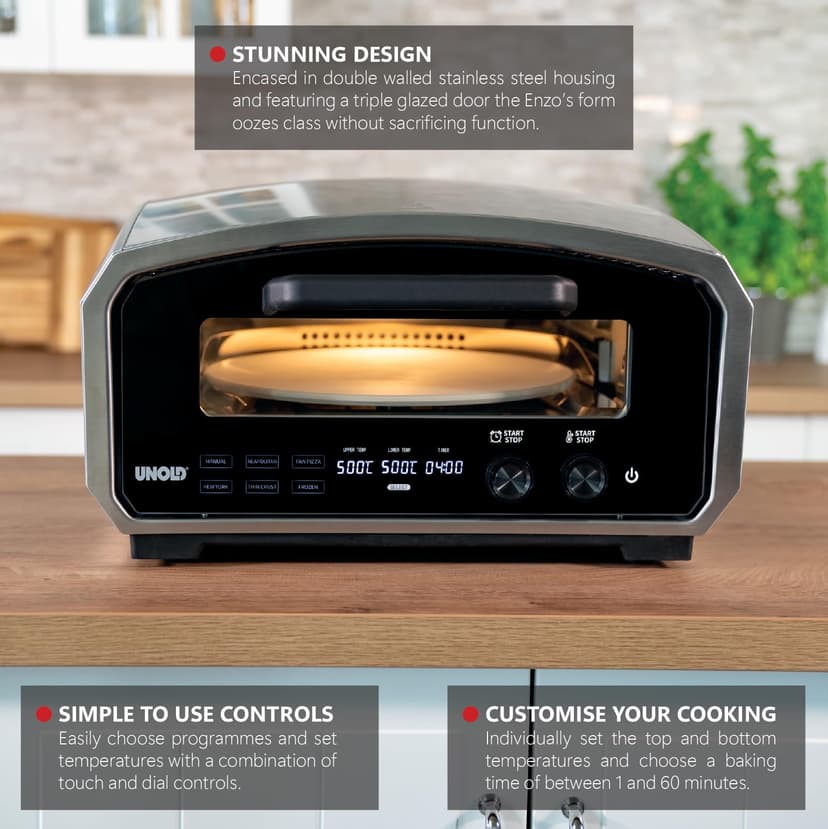 Unold Enzo 500°C Pizza Oven 68916 - Indoor and Outdoor IPX4 - Electric Neapolitan Pizza Maker - Up To 12" with 33cm Rotating Pizza Stone - Adjustable Timer - Includes Pizza Peel - 2100W -240V - 5