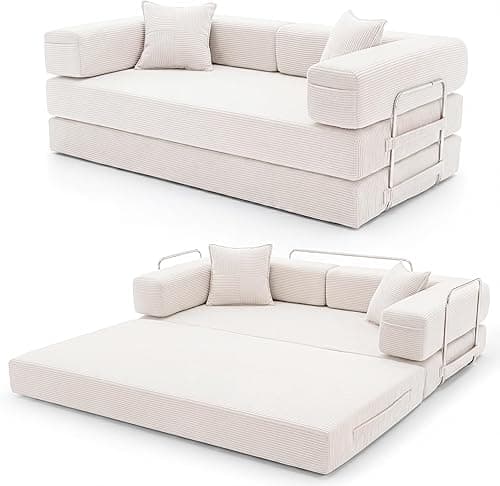YINIX Folding Sofa Bed 160cm King Size, Convertible Modular Sofa, Corduroy Boneless Couch with Metal Frame, 2 Seater Floor Futon Mattress, Non Slip Base, Washable Cover