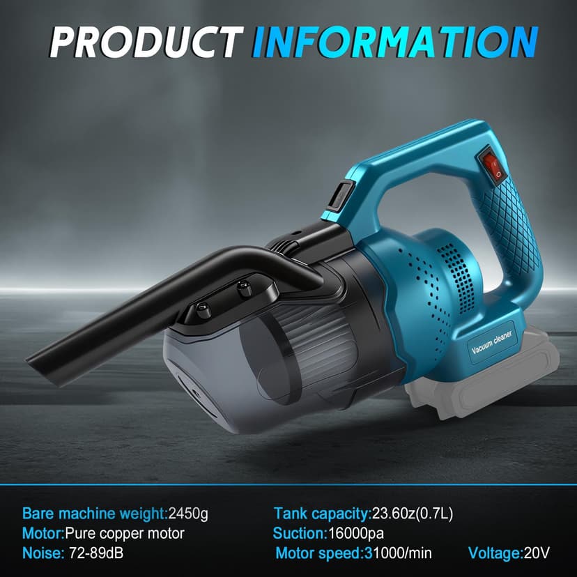 Cordless Handheld Vacuum Cleaner Compatible with Makita Battery 18V 16KPa, 4-in-1 Multi-Function Vacuum Cleaner, Floor Nozzle, 0.7L Dust Container, for Home and Car, Pet Hair (No - 2