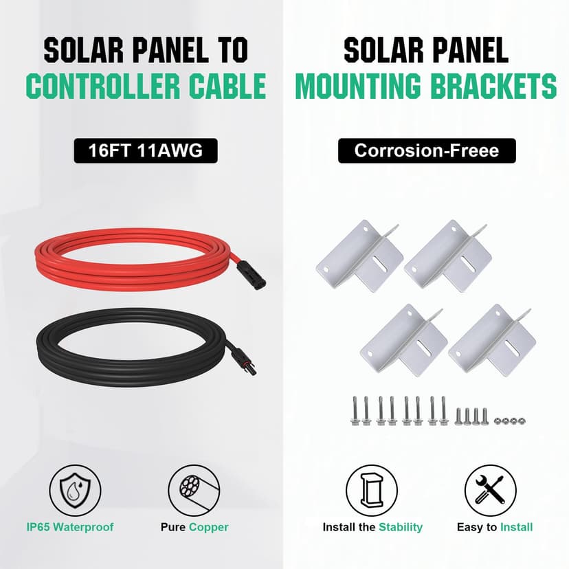 ECO-WORTHY 240W Monocrystalline Solar Panel Set, 12V, 21% Efficiency, Includes 2 x 120W Solar Panel, 30A PWM Charge Regulator, 16.2m Solar Cable, Z Brackets, for RV, Marine, Off-Grid Systems - 8
