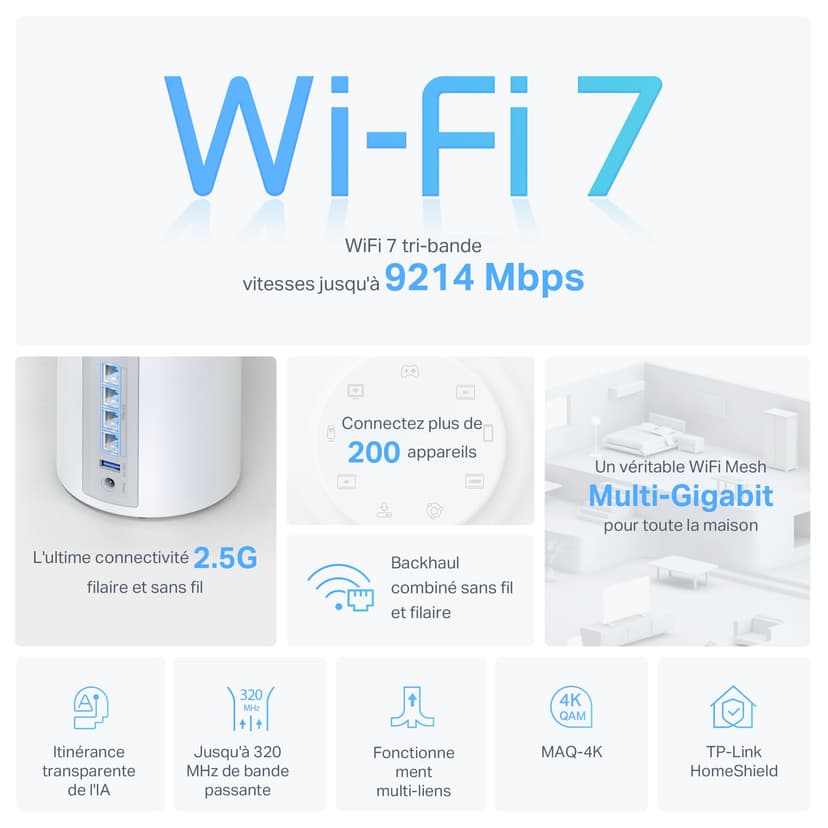 TP-Link Deco WiFi 7 Mesh BE9300 Deco Tri-Band BE65(3-Pack), Ethernet Port/Fibre 2.5 Gbps, WiFi Speed up to 9 Gbps, WPA3, 320 MHz Channels, 6 GHz - 3