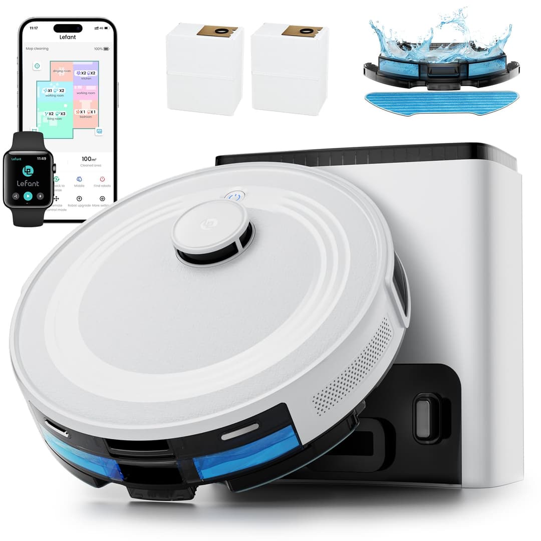 Lefant M2 Plus Robot Aspirateur Laveur 6000Pa avec Station Vidage Automatique Poussière,Navigation Laser avec Cartographie,Évitement d'obstacles PSD,140min,Idéal pour Poils d'animaux