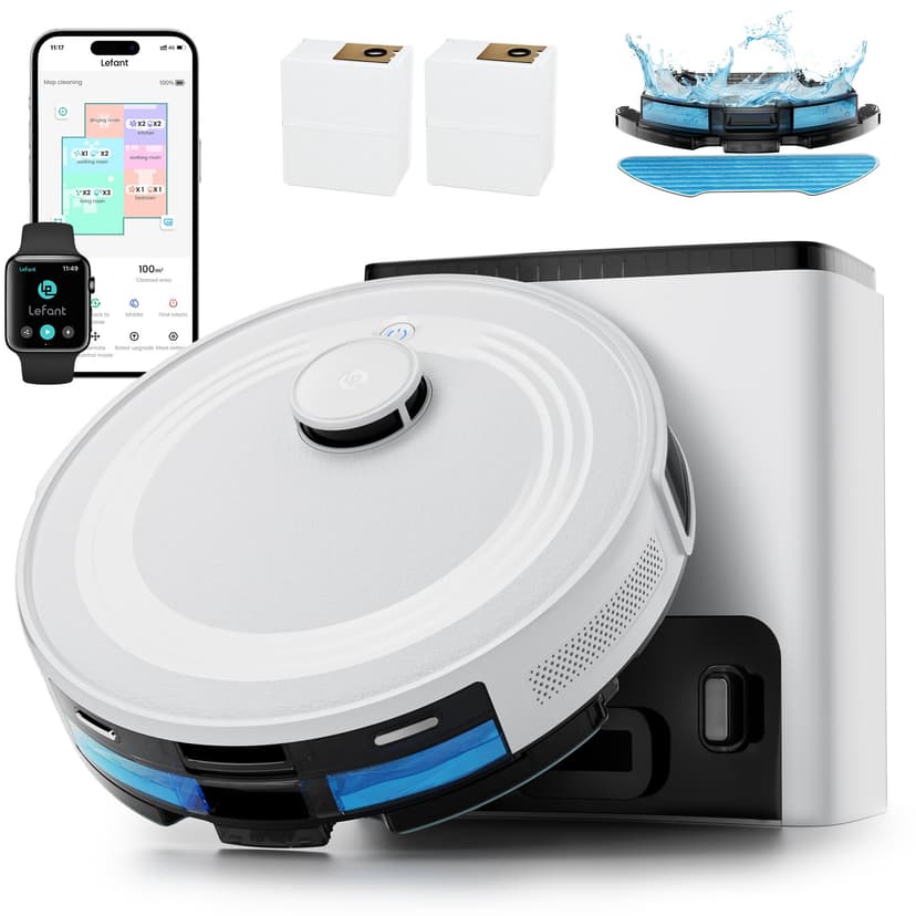 Lefant M2 Plus Robot Aspirateur Laveur 6000Pa avec Station Vidage Automatique Poussière,Navigation Laser avec Cartographie,Évitement d'obstacles PSD,140min,Idéal pour Poils d'animaux - 1
