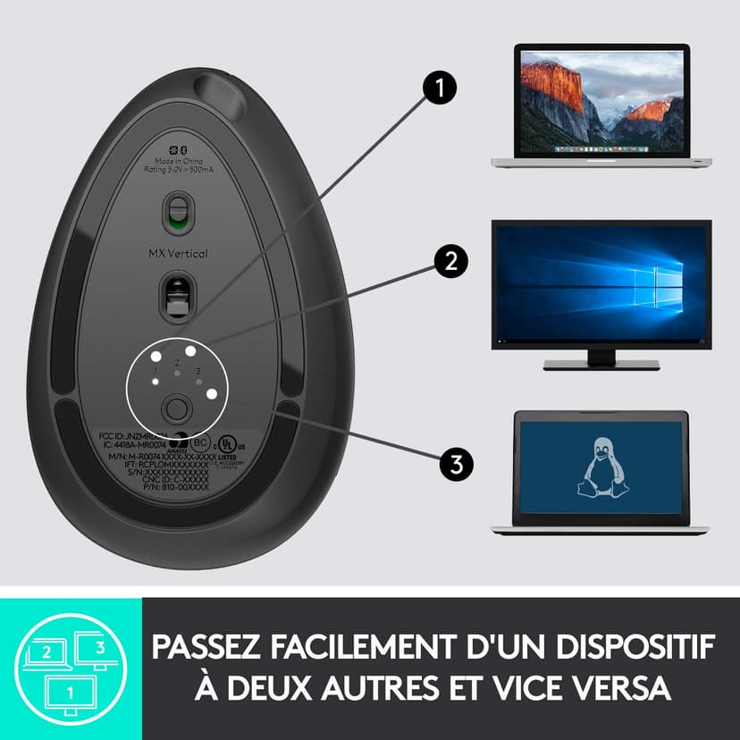 Logitech MX Vertical Souris Ergonomique sans Fil, Multi-Dispositifs, Bluetooth ou 2,4 GHz avec Récepteur USB Unifying, Suivi Optique 4000 PPP, 4 Boutons, Charge Rapide,Portable/PC/Mac/iPad OS-Graphite - 9