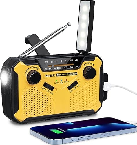 PRUNUS J-369 Wind Up Radio Solar, AM/FM Emergency Hand Crank Radio, Battery Radio with 3000mAh Power Bank, LED Torch, SOS Alarm, USB Phone Charger Perfect for Emergencies & Outdoor Survival