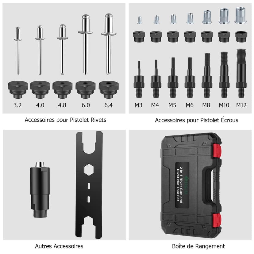 JiGiU 2 in 1 Rivet Nut Tool and Rivet Gun, Professional Hand Rivnut Gun Rivet Nut Gun Tool Heavy Duty Rivnut Tool Kit with M3 M4 M5 M6 M8 M10 M12 & 3.2/4.0/4.8/6.0/6.4 Rivet Heads,110 Nuts & 50 Rivets - 8