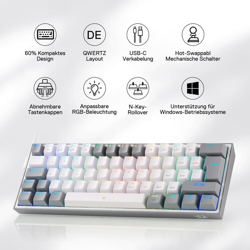 Redragon K617 Fizz 60% German QWERTZ Layout Gaming Keyboard, RGB Wired Gaming Keyboard, 62 Keys, Hot Swap Red Switches, Programmable Buttons, Removable USB Type C Cable - Grey & White - 2