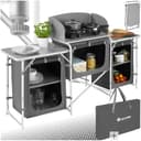 tectake® Portable Camping Kitchen with 5 Internal Shelves, Heat-Resistant Worktop, Wind Barrier & Zipped Doors - Outdoor Storage Cupboard with Lightweight Aluminium Frame, Incl. Carry Bag - Grey - 1