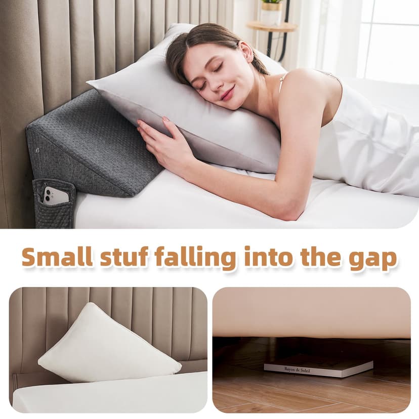 Dorifine Bed Wedge Pillow for Headboard Gap Filler King(76"x6"x10") Mattress Gap Filler(0-8") Bed Wedge for Headboards Gaps Between Your Headboard and Mattress,Headboards Pillow,Grey - 3