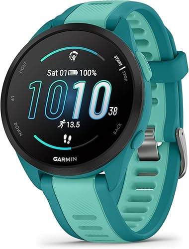 Garmin Forerunner 165 with Music, 43mm GPS running smartwatch, lightweight, AMOLED touchscreen, advanced training & insights, safety & tracking features, up to 11 days battery life, Aqua