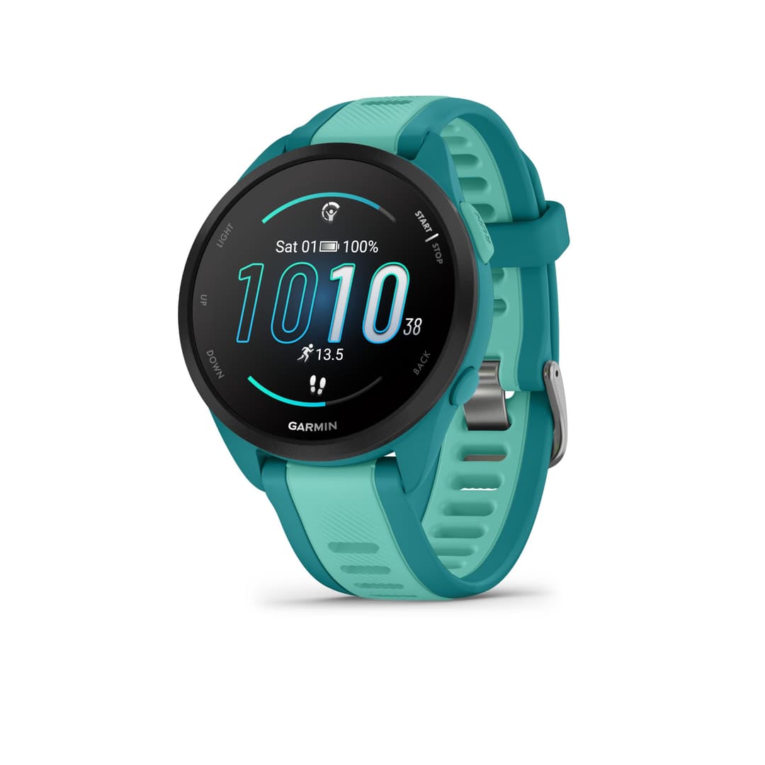 Garmin Forerunner 165 with Music, 43mm GPS running smartwatch, lightweight, AMOLED touchscreen, advanced training & insights, safety & tracking features, up to 11 days battery life, Aqua