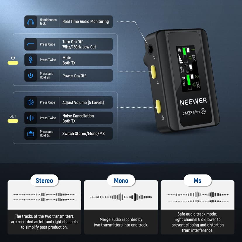 NEEWER CM28 Max Wireless Lavalier Microphone System with Charging Case 48KHz/24Bit Lossless Float Recording Noise Cancellation 8GB Storage 25Hrs Battery 300m Range for iPhone iPad Android Camera PC - 4