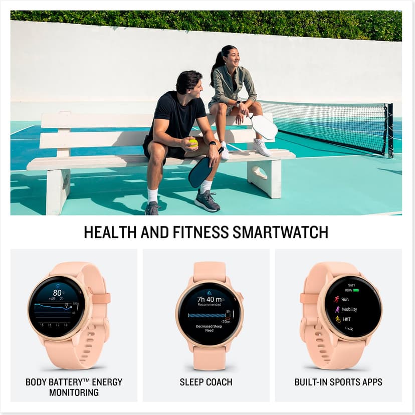 Garmin vívoactive 6, 42mm GPS smartwatch, AMOLED touchscreen, all-day health monitoring, personalised fitness features, advanced sleep coaching, Music, up to 11 days battery life, Bone/Lunar Gold - 2