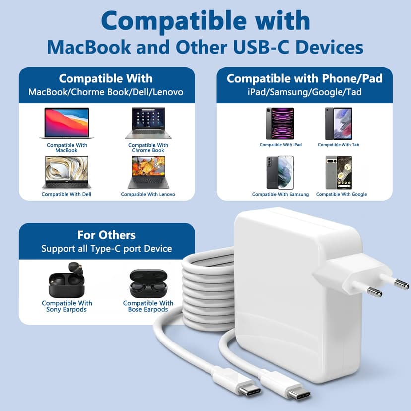 LTBSTOYE Chargeur 100 W Compatible avec Mac Book Air 13/15 Pouces, Pro 14/13/12 Pouces 2022-2018, iPad Pro, Compatible avec Lenovo, HP, Samsung, Dell, ASUS et Tous Les appareils USB-C - 4