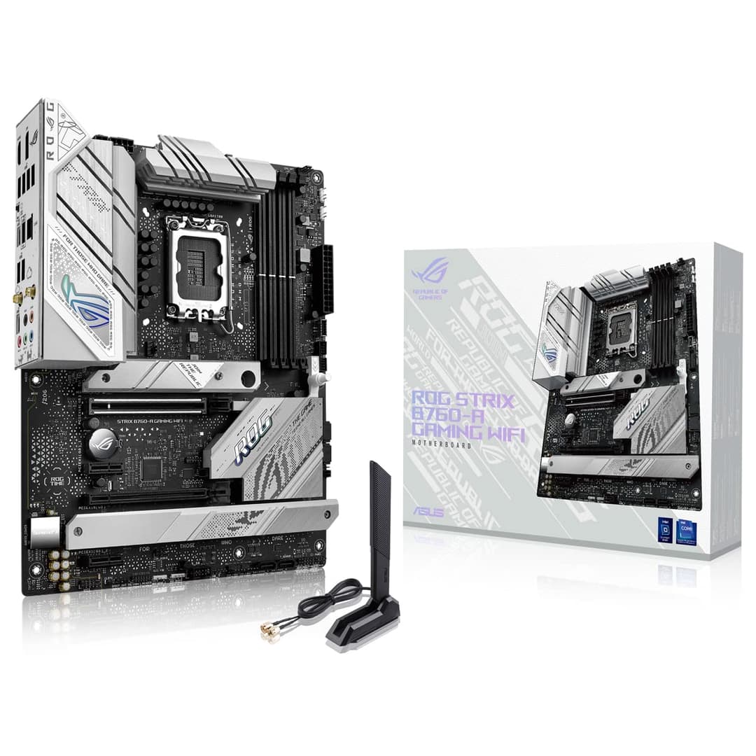 ASUS ROG STRIX B760-A GAMING WIFI Intel B760 LGA 1700 white ATX motherboard with 12 + 1 power stages, DDR5, PCIe 5.0 x16 SafeSlot, 3x PCIe 4.0 M.2 slots, WiFi 6E, USB 3.2 Gen 2x2 Type-C, and Aura Sync