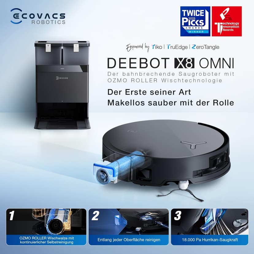 ECOVACS X8 Omni Robot Vacuum Cleaner with Omni, Robot Vacuum Cleaner 18000Pa, Instant Automatic Cleaning OZMO Roller, Hot Water Wash 75°C, Automatic Emptying, Black - 2